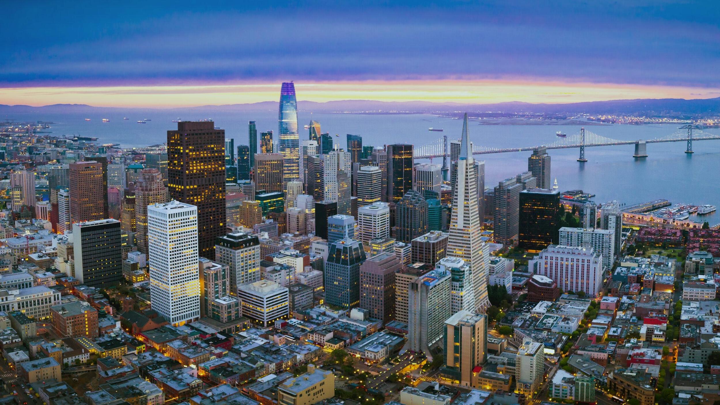 Downtown San Francisco skyline at night.